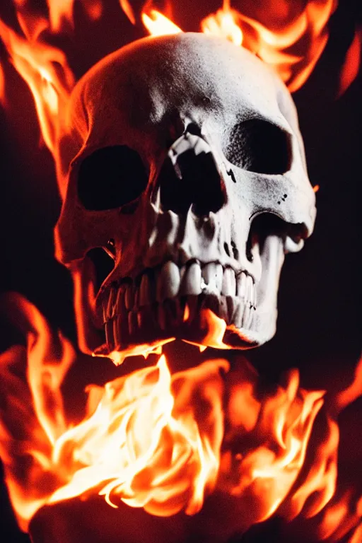 Image similar to photograph of a skull burning while being held up by a skeletal hand photorealistic, hyperdetailed, volumetric light, cinematic, f 8 aperture