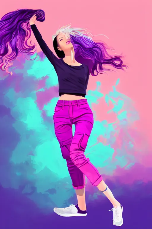 Image similar to a award winning half body portrait of a beautiful woman in a croptop and cargo pants with ombre purple pink teal hairstyle with head in motion and hair flying, outrun, vaporware, flat illustration, digital art, trending on artstation, highly detailed, fine detail, intricate