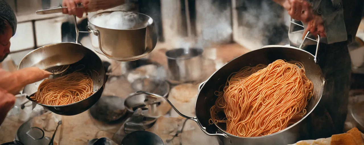 Prompt: medium shot of spaghetti being cooked in a large pot, home kitchen, sharply focused, canon 5 0 mm, wes anderson film, kodachrome