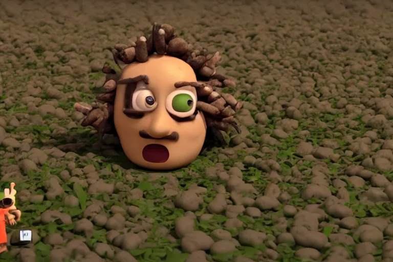 Image similar to the potato king which is a potato appears before the large crowd of his subjects in all his glory wearing his crown, concept art, blender, glossy googly eyes, realistic dirt.