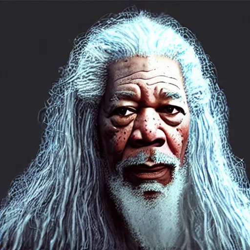 Image similar to morgan freeman starring as gandalf in lord of the rings, realistic extremely detailed photo style painting, granular detail, holographic krypton ion, octane render, 4 k, f 3 2, 5 5 mm photography, wide angle