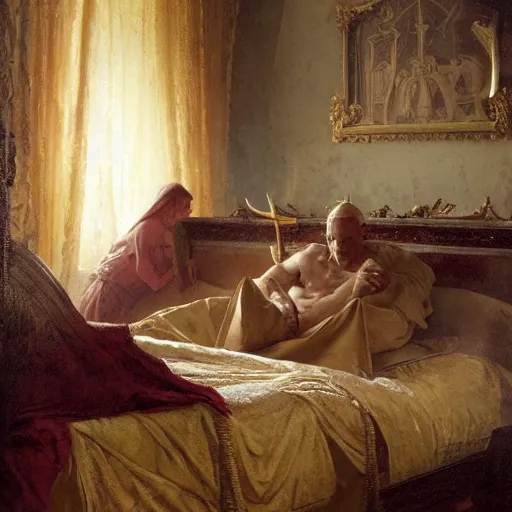 Image similar to the catholic pope in his bed, scared, because a horned demon is attacking the pope. highly detailed painting by gaston bussiere, greg rutkowski, craig mullins 8 k