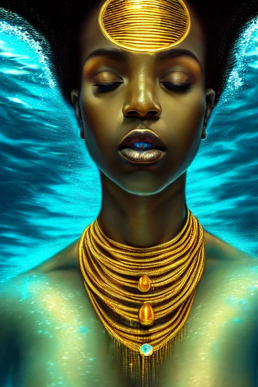 Image similar to hyperrealistic precisionist cinematic half underwater scene very expressive! translucent elegant african goddess full body, gold jewerly, highly detailed face, digital art masterpiece, aykut aydogdu eric zener, dramatic volumetric light, long shot, low angle uhd 8 k, sharp focus