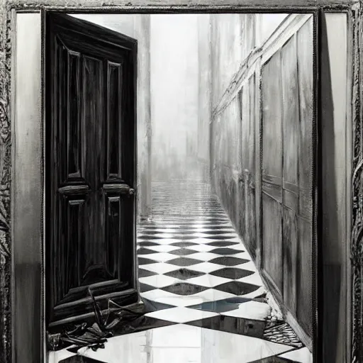 Image similar to diego dayer, hyperrealistic surrealism, award winning masterpiece with incredible details, a surreal vaporwave painting of door leading to nowhere, mirrors everywhere, highly detailed, black and white checkered floor