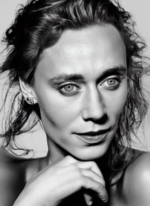 Prompt: portrait of beautiful female tom hiddleston by mario testino, headshot, detailed, award winning, sony a 7 r