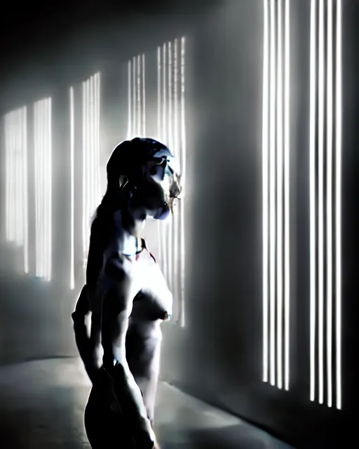 Image similar to black and white high quality photo of a beautiful female cyborg looking into a sci-fi mirror, volumetric lighting, liminal space, brutalism, foggy, dreamy, hyperdetailed, bokeh, photorealistic, cinematic, masterpiece, Metropolis, elegant, dark, octane render, 8K, in the style of H.R. Giger