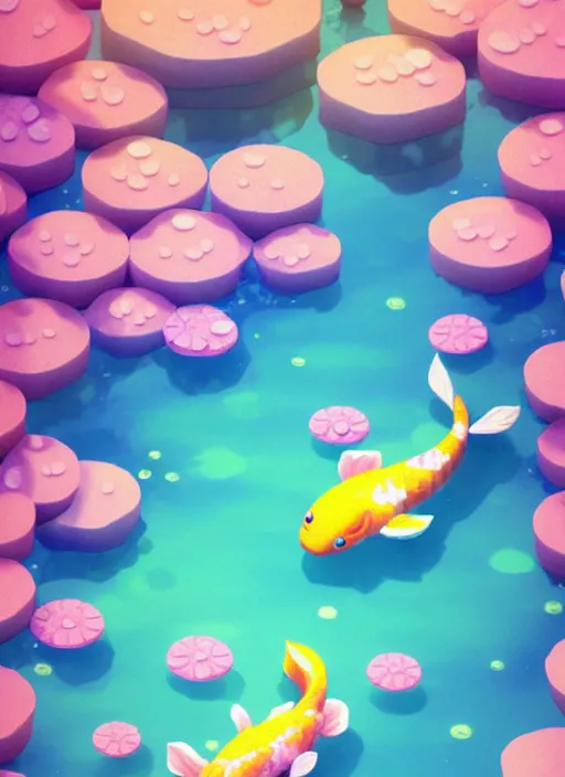 Image similar to sparkling pastel cute voxel art of a koi pond, behance, artstation, cute, Japanese, 3d render, unity, beautiful lighting, extremely beautiful, very beautiful award winning art Huang Guangjian and Gil Elvgren and Sachin Teng , Greg Manchess