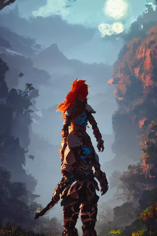 Image similar to combination suit armor aloy horizon forbidden west horizon zero dawn radiating a glowing aura global illumination ray tracing hdr fanart arstation by ian pesty and alena aenami artworks in 4 k tribal robot ninja mask helmet backpack