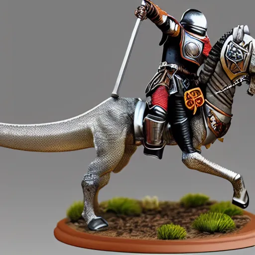 Prompt: D&D, high detail, miniature of medieval knight riding an allosaurus, heavy cavalry, Asgard rising, MyMiniFactory, 28mm scale