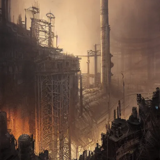 Image similar to highly detailed concept art of monumental chimney of the huge steelworks in the steampunk underground city/factory trending on Artstation by Daniel Dociu and Greg Rutkowski, high quality, dieselpunk, architecture, frostpunk, steampunk industrial area, pollution and smoke, rusty, heat and steam, ultra detailed, ultra realistic, dystopia