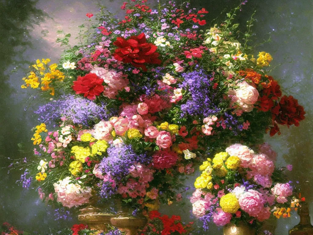 Prompt: vase with flower arrangement, style thomas kinkade