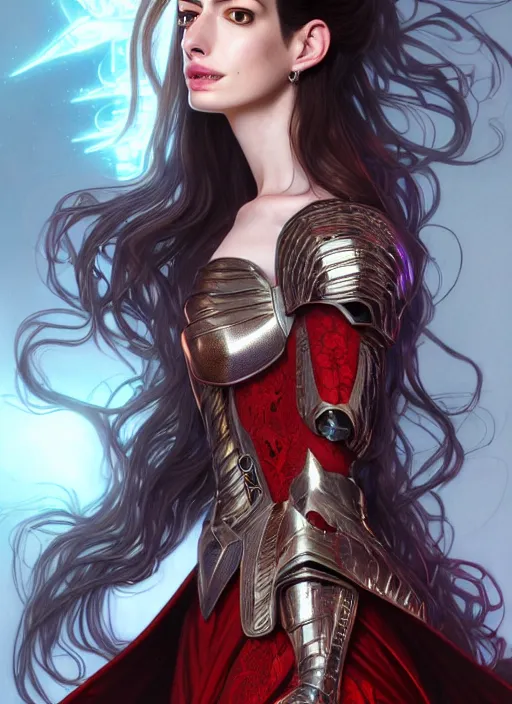 Prompt: 8 k metahuman highly detailed cdpr character design of anne hathaway as armor witch, hajime sorayama, red long wavy hair, lace dress, artgerm, alphonse mucha, clear symmetrical face, game assets, swarovski, unreal engine, sharp focus, jewelry iridescent, illustration, artstation