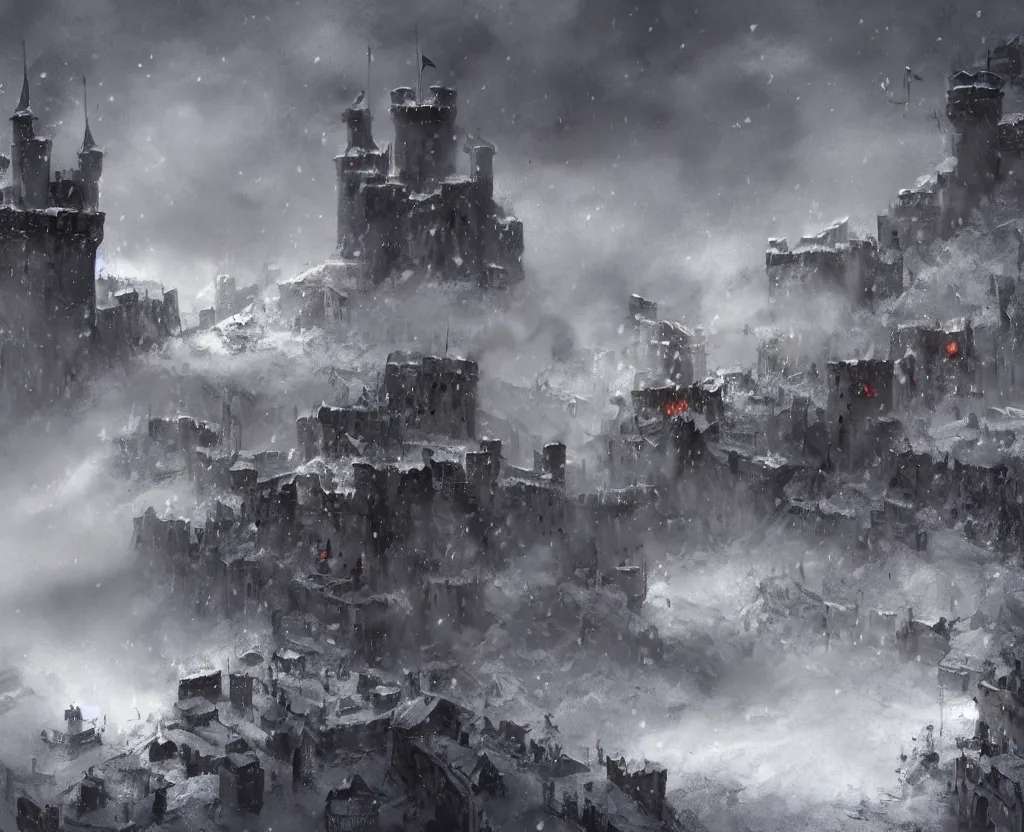 Image similar to Siege of a medieval castle in winter while two great armies face each other fighting below with banners and flags, catapults throw stones at the castle destroying its stone walls, heavy snow storm, fantasy, medieval, fire, explosions and grey smoke here and there, a dragon is sensed flying through the sky half covered by clouds, smoke and fog, trending on Artstation, detailed oil on canvas painting by greg rutkowski and Raoul Vitale