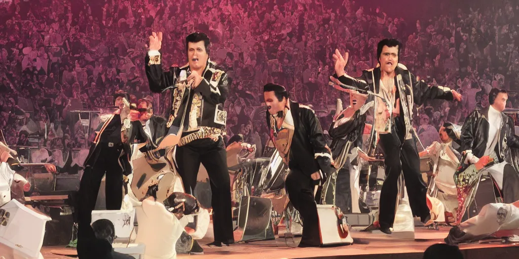 Prompt: on stage that is collapsing several elvis impersonators, photorealistic, by wlop, 4 k resolution