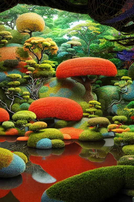 Image similar to japanese psychedelic garden, part by robert beatty, part by james jean, part by ross tran, part by jacek yerka, part by leslie zhang, surreal, highly detailed, beautiful detailed intricate insanely detailed octane render trending on artstation, 8 k artistic photography, photorealistic, volumetric cinematic light, chiaroscuro