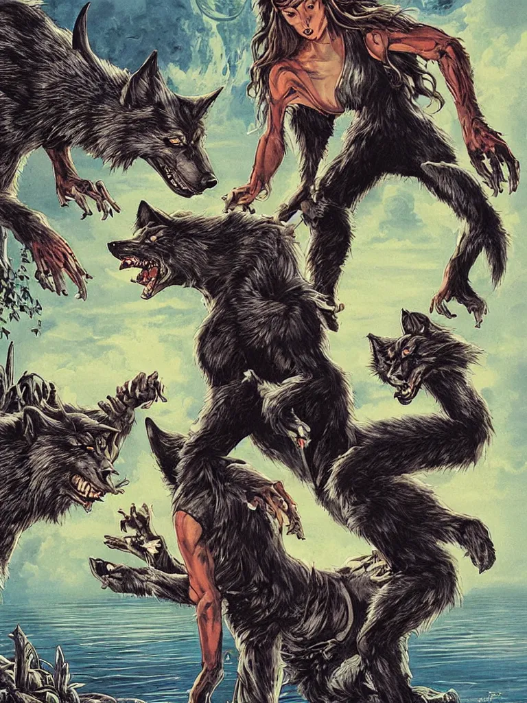 Image similar to werewolf grandmother by the lake, forbidden planet, pulp sci fi, poster