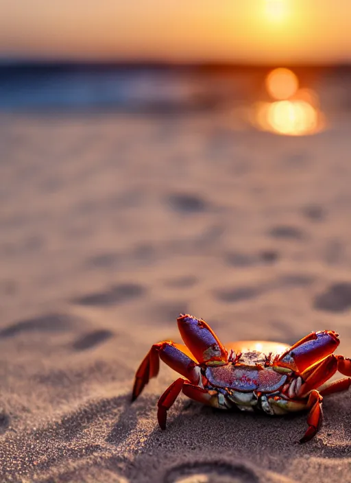 Image similar to a happy crab holding a beer in a beach, golden hour, bokeh, 4k