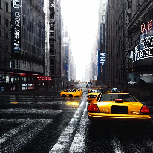 Image similar to « a man walking in a night raining streets, new york, big city, taxi, cars, shops one the side with neons, digital art, highly detailed, photorealistic, unreal engine 5, back view »