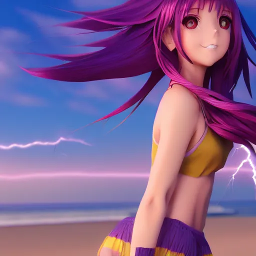 Prompt: petite girl render as a very beautiful 3d anime girl, full body, slim, long braided hair, purple eyes, full round face, short smile, golden hour, serene beach setting, cinematic lightning, medium shot, mid-shot, highly detailed, trending on Artstation, Unreal Engine 4k, cinematic wallpaper