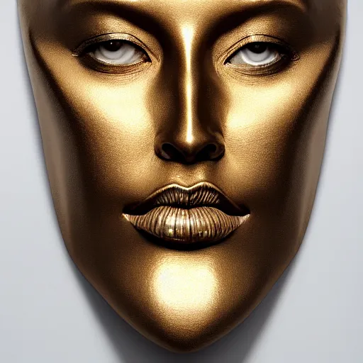 Prompt: 3 d sculpture made of liquid metal by zaha hadid enveloping a realistic female face, white background