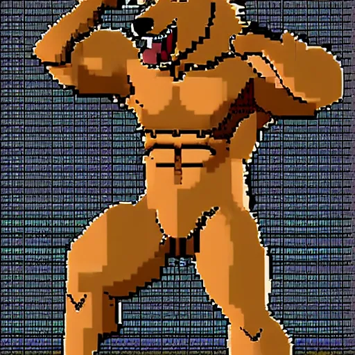Prompt: full body antropomorphic muscular masculine wolf. wolf head. furr. 1 6 bit sega graphics
