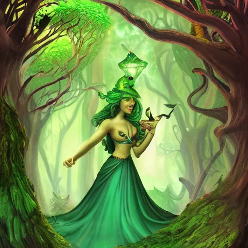 Image similar to a green genie surrounded by forest, fantasy illustration