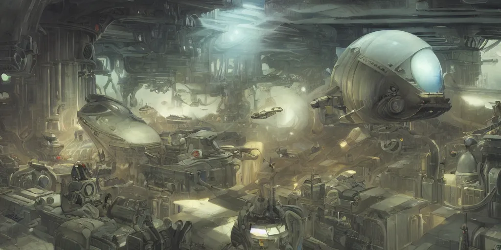 Prompt: one thousand aligned cryogenic pods, spaceship hangar, wide shot, matte painting, oil painting, concept art, alan lee and peter mohrbacher and frank frazetta and mike mignola