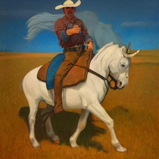 Image similar to a painting of a cowboy riding a unicorn in the style of n. c. wyeth.