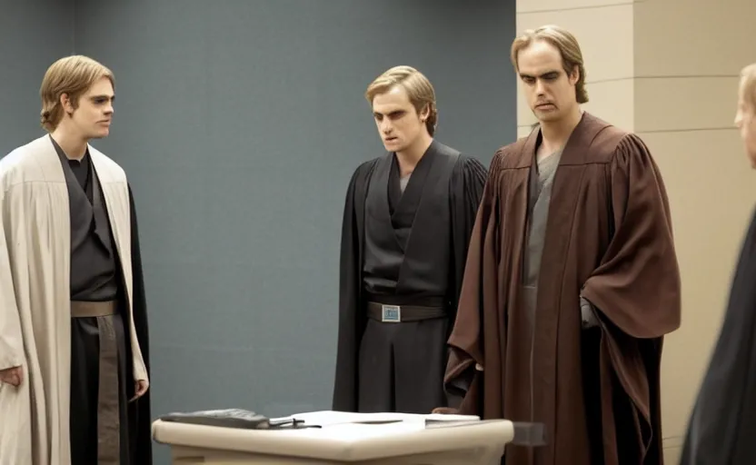 Image similar to anakin skywalker played by hayden christensen in jedi robes talking to saul goodman in a suit in court, us court, better call saul scene 1 0 8 0 p, court session images, realistic faces