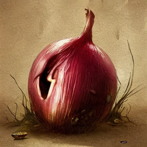 Prompt: sad onion with realistic human eyes crying blood , dark surrealism, Greg Rutkowski