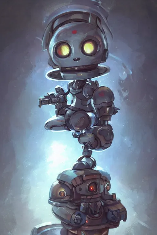 Image similar to cute little robot with a plasma machine gun, tiny, small, miniature , short, pale blue armor, cute and adorable, pretty, beautiful, DnD character art portrait, matte fantasy painting, DeviantArt Artstation, by Jason Felix by Steve Argyle by Tyler Jacobson by Peter Mohrbacher, cinematic lighting