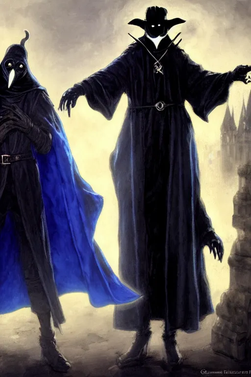 Prompt: a plague doctor with a blue wizard robe as a d & d character, blue robe, magical, black fur armor, harry poter, concept sheet, painting by gaston bussiere, demon slayer, gta loading screen art, dramatic lighting, anime