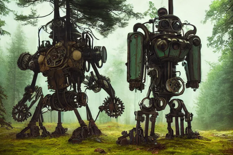 Image similar to steampunk mech standing in a swedish forest, very low angle photograph, very detailed, trending on artstation, realistic, soft colors, simon stålenhag