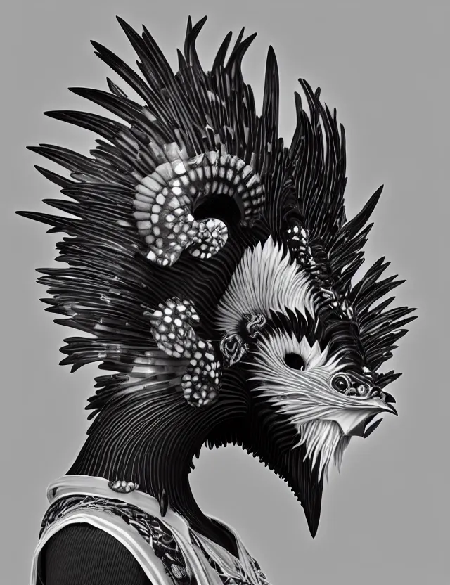 Image similar to 3 d goddess close - up profile simple portrait punk with mohawk with goat skull. beautiful intricately detailed japanese crow kitsune mask and clasical japanese kimono. betta fish, jellyfish phoenix, bio luminescent, plasma, ice, water, wind, creature, artwork by tooth wu and wlop and beeple and greg rutkowski