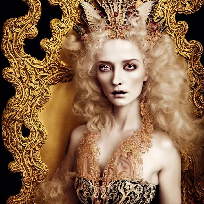 Prompt: photo portrait of a beautiful woman like a queen-demon -angel, dressed in long elegant intricate ornamental baroque argent dress, intricate fractal highly detailed baroque ornament in the upper side of breast, bust with a very long neck , elegant, highly detailed intricate baroque ornament in her blond long hair, Realistic, Refined, Highly Detailed, Cinematic Lighting, fine art photography by Flora Borsi, volumetric rembrandt lighting, hyper realistic photography