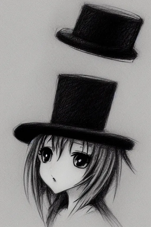 Image similar to cute loli in a tall black top hat, face profile, pencil sketch, gray scale, mysterious, anime style