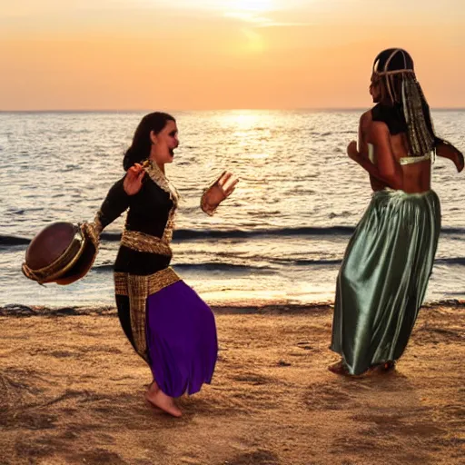 Image similar to 3 5 year old mediterranean skinned woman in ancient canaanite clothing dancing with a tambourine by the ocean, sunset, other women dancing behind,