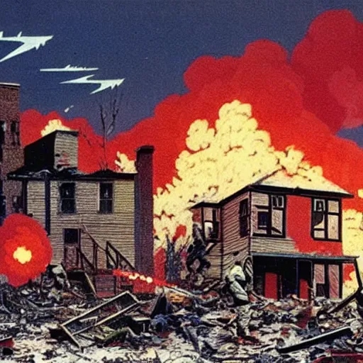 Image similar to color photo from the 80s, the shelling of a house in New York by Soviet soldiers, Many soldiers,epic style, a bunch of explosions, realistic style