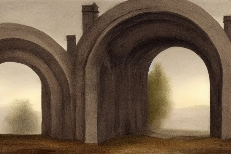 Prompt: dark and dreary dreamscape depicting an archway with prominent keystone