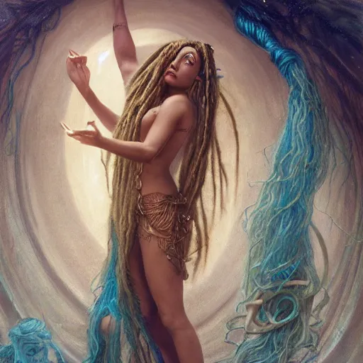 Image similar to birth of mami wata, sumerian goddess inanna ishtar, ashteroth, techno mystic goddess princess intergalactica, with aqua neon rapunzel dreadlocks, mami wata, detailed, by gaston bussiere, bayard wu, greg rutkowski, giger, maxim verehin, greg rutkowski, masterpiece, sharp focus,