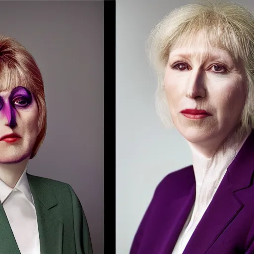 Image similar to corporate portrait, senior sales ceo executive vp, purple green color scheme, professional studio lighting, hyperreal detailed lifelike facial features, corporate portraiture shot by cindy sherman and david lynch