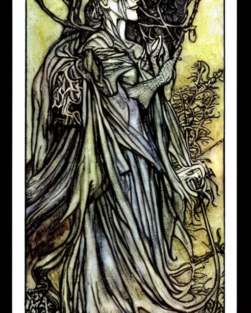 Image similar to tarot card detailed painting, illustration in style of Arthur Rackham