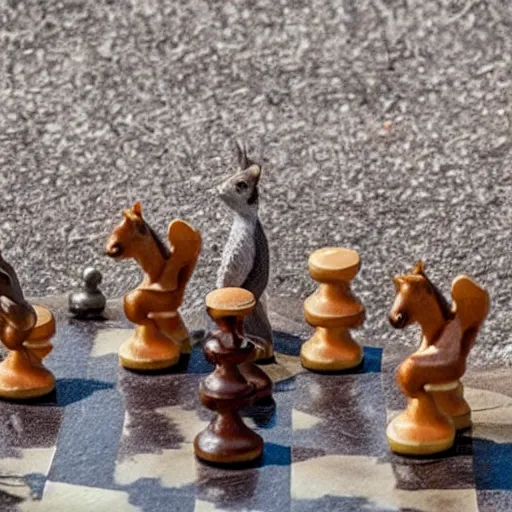 Image similar to squirrels playing chess on a stone table, a crowd watching