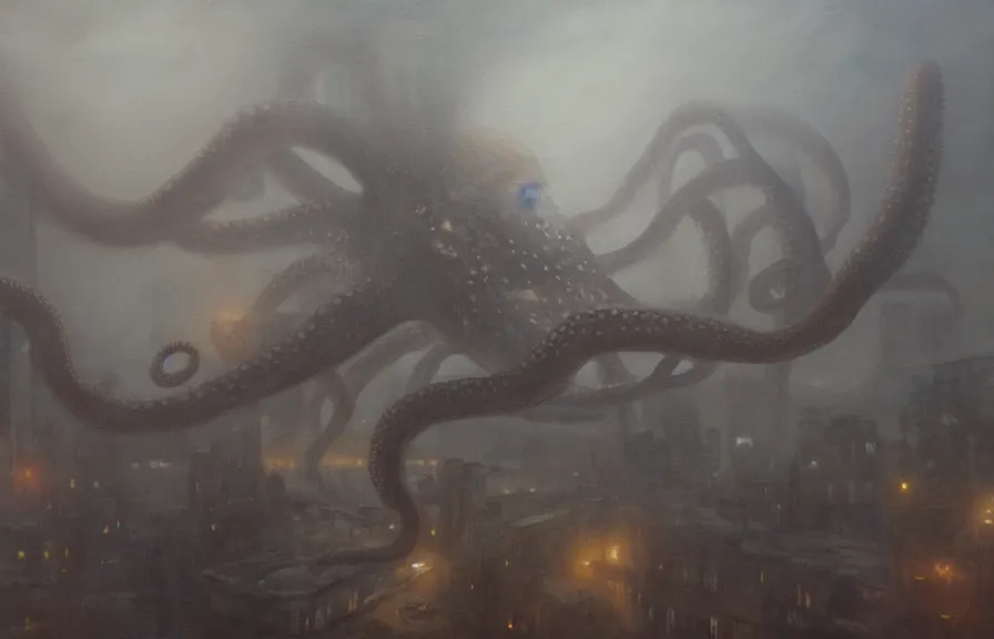 Prompt: aerial!!!! view of a giant octopus monster moving through a foggy, dim, detailed city, extremely detailed!!! oil painting, dull palette