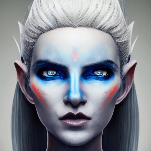 Prompt: portrait of a dunmer dark elf woman with white hair pulled back and blue-grey skin standing inside velothi temple intricate portrait by Tooth Wu and wlop and beeple and Dan Mumford. Octane render, trending on artstation, greg rutkowski very coherent symmetrical artwork. Cinematic, hyper realism, high detail 8k