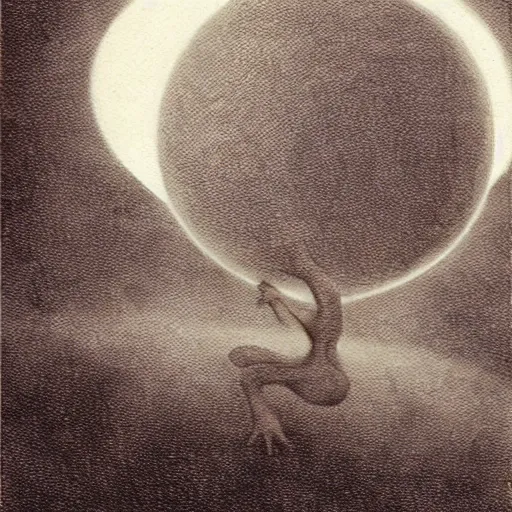 Prompt: dawn of creation; first atom; beings of light and darkness; ethereal plane. illustrated by maurice sendak and Stephen Gammell