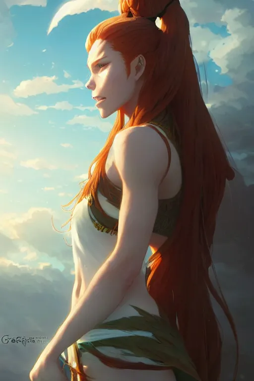 Image similar to long ginger hair, tanned woman in a prehistoric outfit, green eyes, by artgerm, hair tied in a ponytail, white backdrop, soft lighting, blue colors, by greg rutkowski makoto shinkai takashi takeuchi