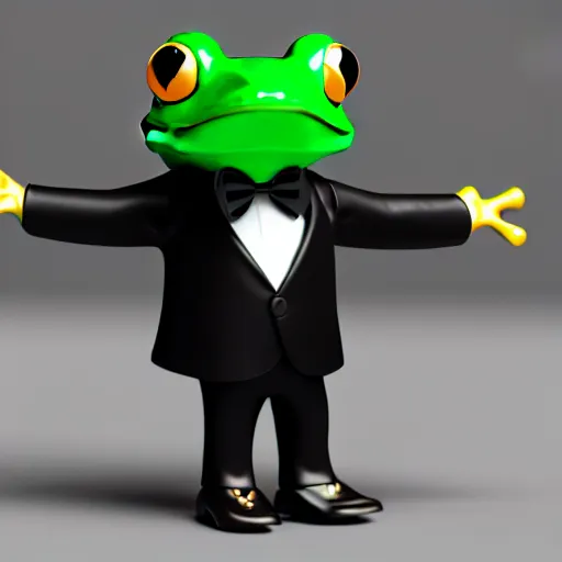 Image similar to a frog in a tuxedo suit holding a suitcase, hyperrealistic, octane render, 3D