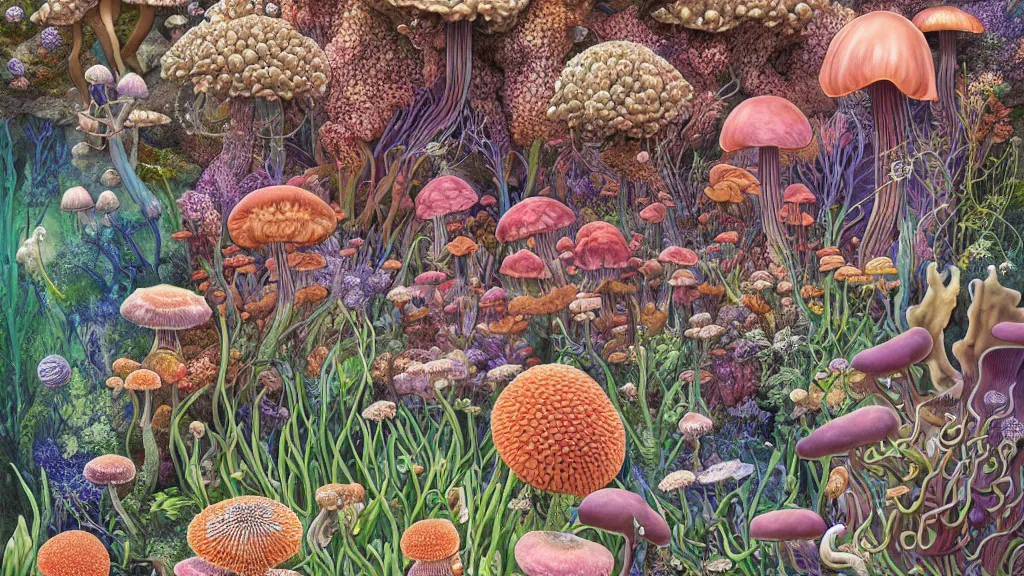 Prompt: highly detailed illustration of all the known species of plants, flowers, corals, mushrooms and jellyfish by juan gatti, by makoto shinkai, by moebius!, by oliver vernon