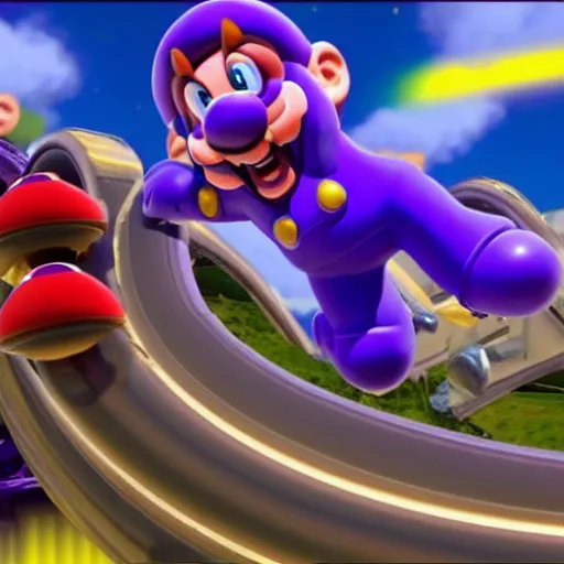 Image similar to Thanos in Mario Kart game, screenshot, realistic,